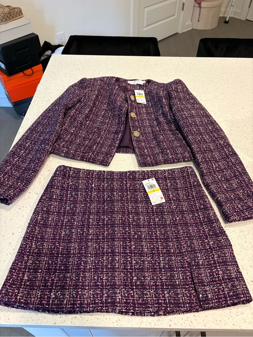 Purple Tweed Cropped Jacket & Skirt Set